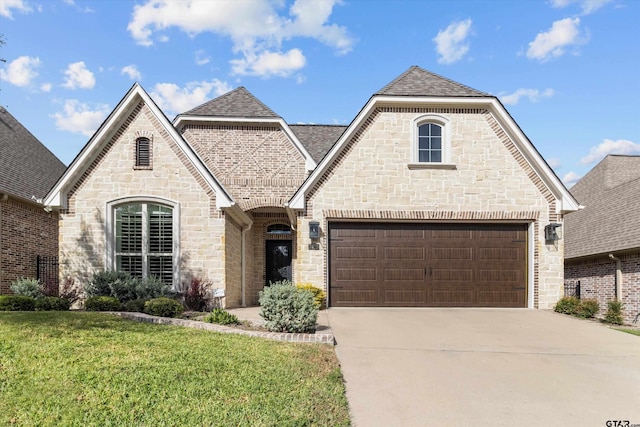 french country style house featuring a front yard and a garage