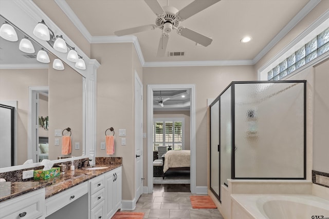 bathroom featuring vanity, separate shower and tub, ornamental molding, and ceiling fan