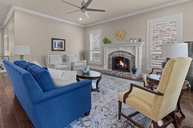 living room featuring a fireplace, ceiling fan, crown molding, and dark wood-type flooring