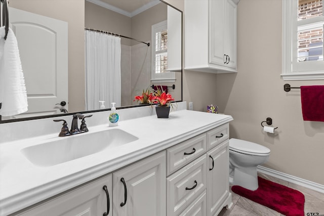 bathroom featuring vanity, tile patterned floors, toilet, ornamental molding, and walk in shower