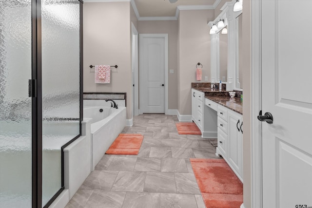 bathroom with crown molding, vanity, and shower with separate bathtub