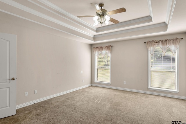 unfurnished room featuring carpet, plenty of natural light, and a tray ceiling