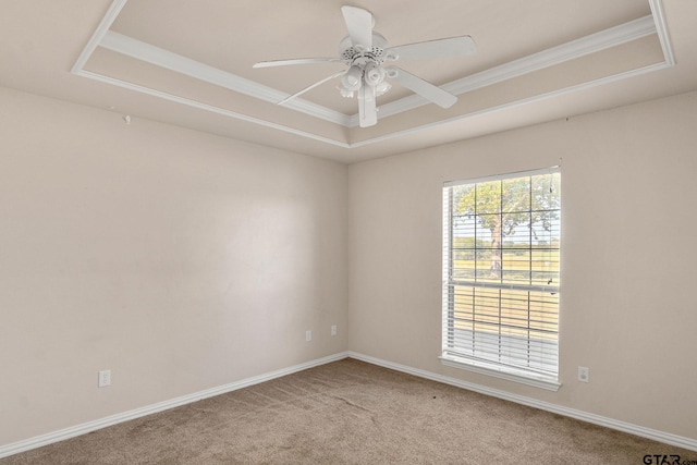 carpeted spare room featuring a tray ceiling, ceiling fan, and crown molding