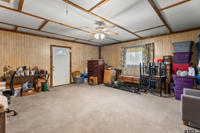 616 Golfcrest Dr, Longview, TX 75604 - misc room featuring carpet floors, ceiling fan, and wooden walls