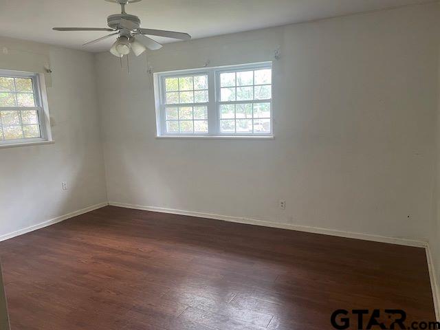 spare room featuring baseboards, ceiling fan, wood finished floors, and a wealth of natural light