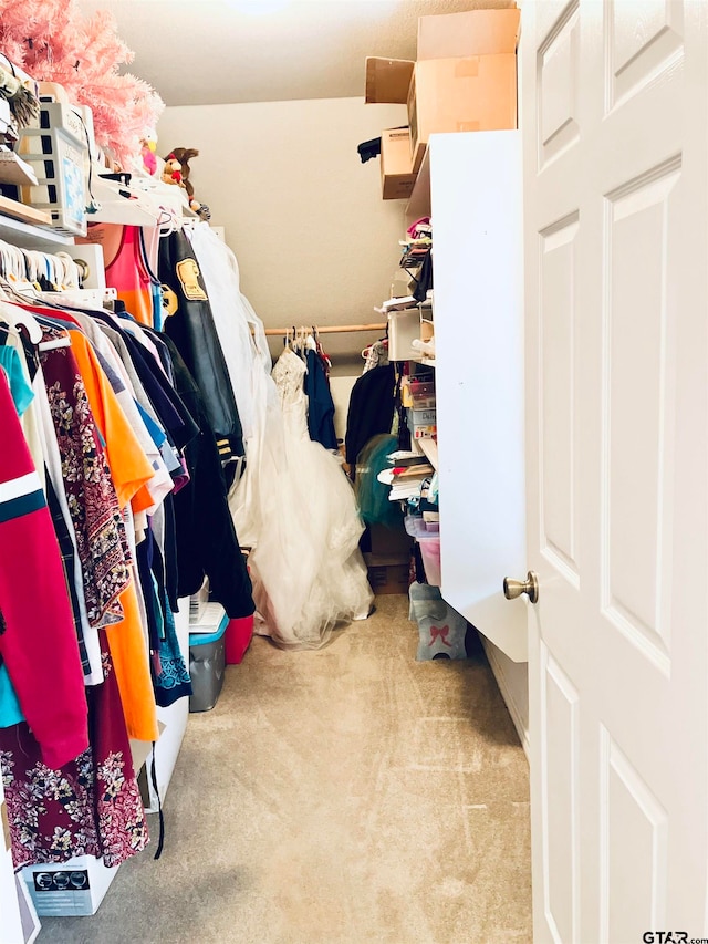 spacious closet featuring light colored carpet