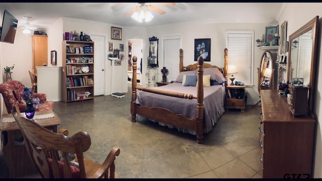 tiled bedroom with ceiling fan and ornamental molding