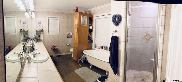 full bathroom with toilet, tile patterned flooring, ornamental molding, and sink