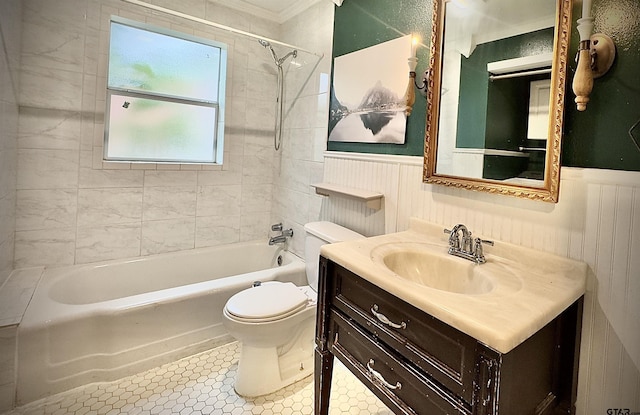 1012 W 8th St, Tyler, TX 75701 - bathroom with toilet, a wainscoted wall, vanity, shower / bathtub combination, and ornamental molding