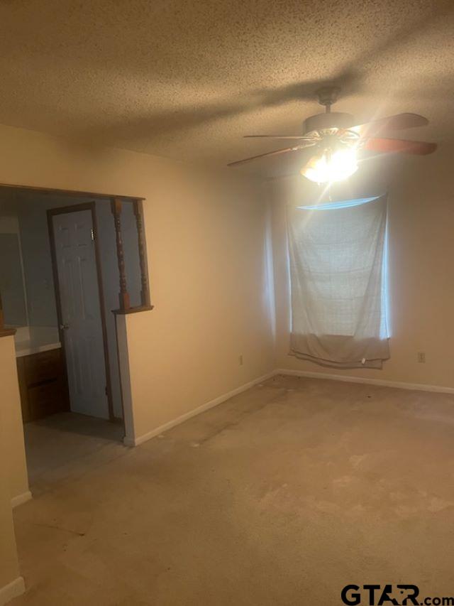 779 E Texas St, Van, TX 75790 - spare room with a textured ceiling, ceiling fan, baseboards, and light carpet