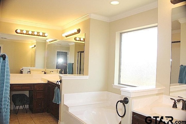 bathroom with tile patterned flooring, crown molding, a bath, and vanity