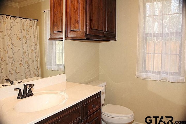 bathroom featuring toilet, ornamental molding, and vanity