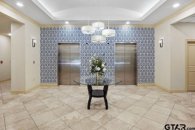2801 Wexford Dr, Tyler, TX 75709 - unfurnished dining area with elevator, an accent wall, recessed lighting, light tile patterned floors, and lofted ceiling