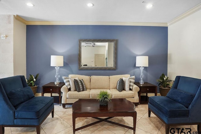 2801 Wexford Dr, Tyler, TX 75709 - living area with crown molding, light tile patterned flooring, and recessed lighting