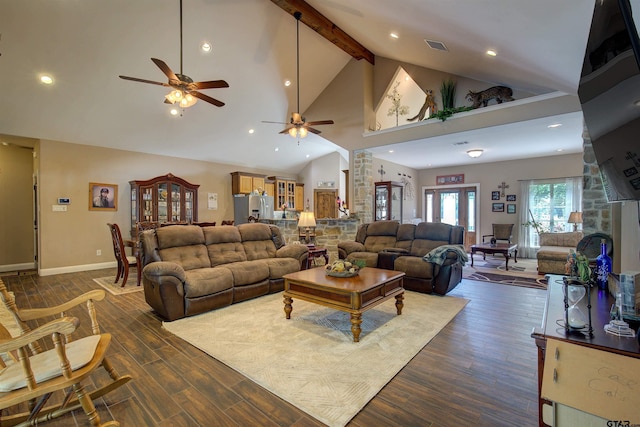 living room featuring dark hardwood / wood-style floors, high vaulted ceiling, and beam ceiling