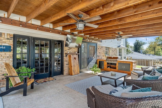 view of patio featuring an outdoor living space, grilling area, area for grilling, and ceiling fan