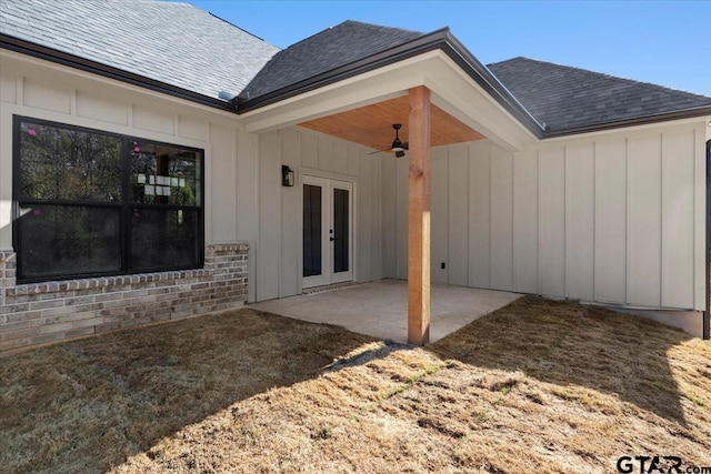 view of patio with ceiling fan and french doors