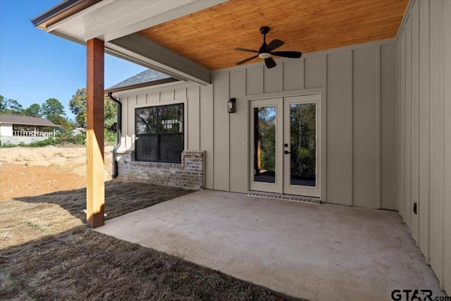 view of patio / terrace featuring ceiling fan and french doors