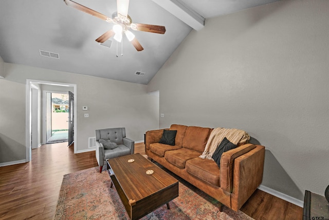 living room with hardwood / wood-style flooring, ceiling fan, beam ceiling, and high vaulted ceiling