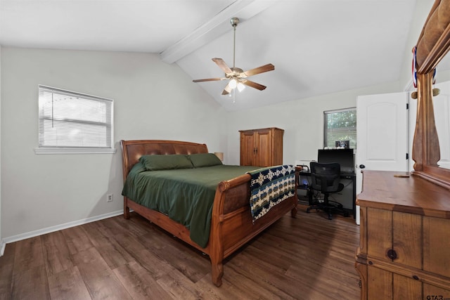 bedroom featuring dark hardwood / wood-style flooring, lofted ceiling with beams, and ceiling fan