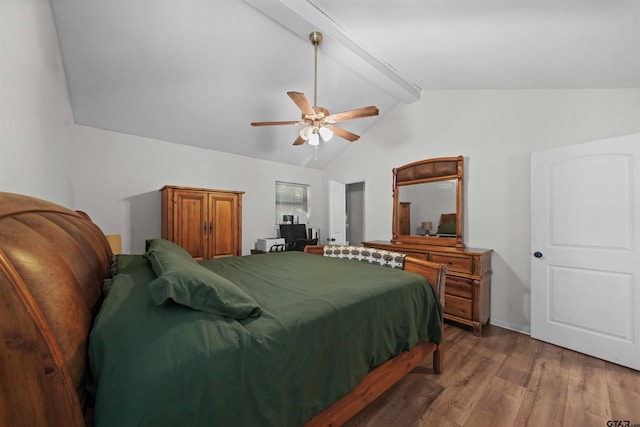 bedroom with lofted ceiling with beams, ceiling fan, and dark hardwood / wood-style flooring