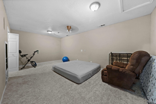 living area with light colored carpet and a textured ceiling