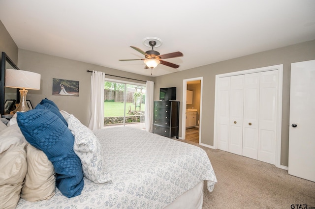 1018 Pollard Dr, Tyler, TX 75701 - bedroom with a closet, light carpet, ceiling fan, connected bathroom, and baseboards