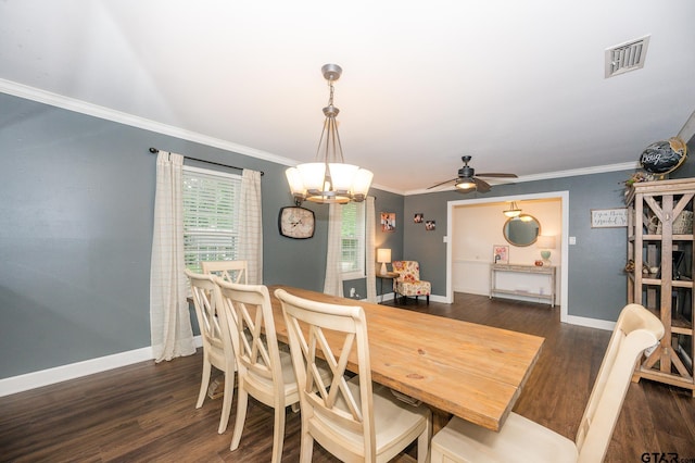 1018 Pollard Dr, Tyler, TX 75701 - dining space with a chandelier, wood finished floors, baseboards, crown molding, and ceiling fan