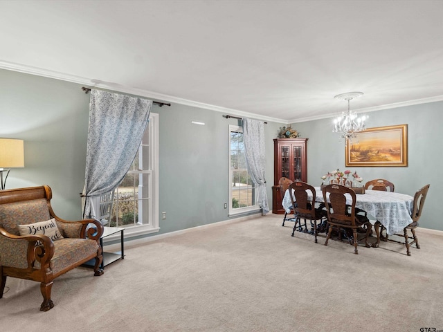 2808 Tryon Rd, Longview, TX 75605 - dining space with crown molding, light carpet, and a chandelier