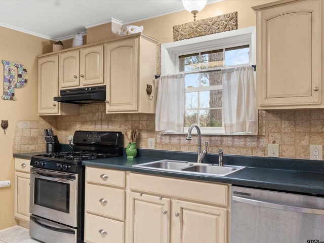 2808 Tryon Rd, Longview, TX 75605 - kitchen featuring stainless steel appliances, crown molding, sink, and backsplash