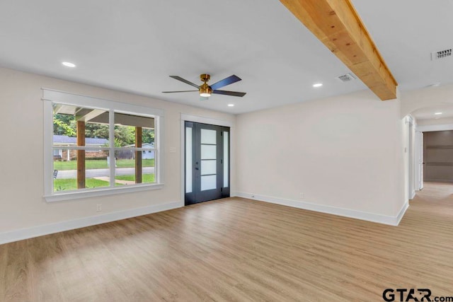 8100 Jewell Ln, Tyler, TX 75703 - spare room featuring ceiling fan, baseboards, light wood finished floors, recessed lighting, and beam ceiling