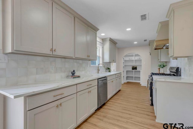 8100 Jewell Ln, Tyler, TX 75703 - kitchen with appliances with stainless steel finishes, custom exhaust hood, a sink, tasteful backsplash, and light wood-style floors