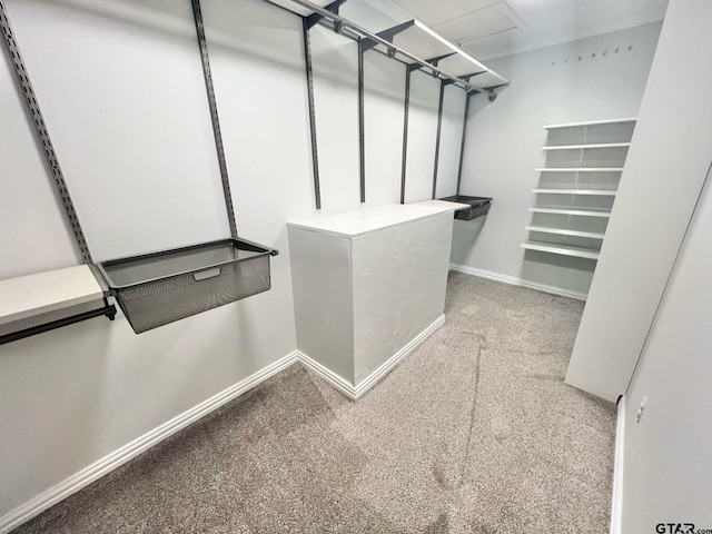 walk in closet with light colored carpet