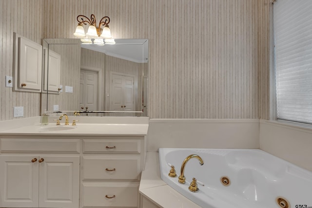 1014 Lovers Ln, Longview, TX 75604 - full bathroom with wallpapered walls, a tub with jets, and vanity
