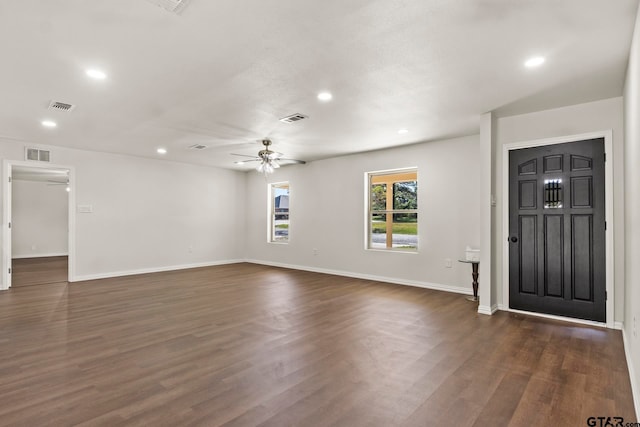 entryway with ceiling fan and dark hardwood / wood-style flooring