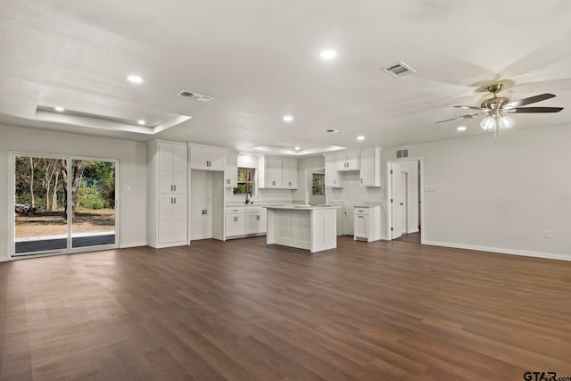 unfurnished living room with a raised ceiling, ceiling fan, sink, and dark hardwood / wood-style floors