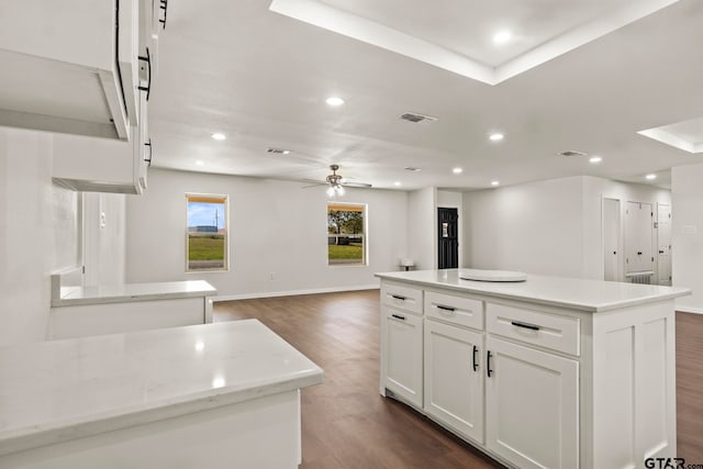 kitchen featuring dark hardwood / wood-style flooring, light stone counters, a kitchen island, ceiling fan, and white cabinetry