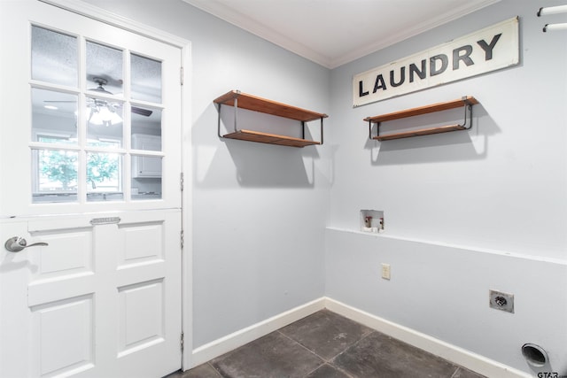 17893 Slack Rd, Whitehouse, TX 75791 - laundry room with hookup for an electric dryer, ornamental molding, hookup for a washing machine, and dark tile patterned floors