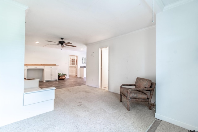 17893 Slack Rd, Whitehouse, TX 75791 - living area featuring carpet floors, a ceiling fan, crown molding, and recessed lighting