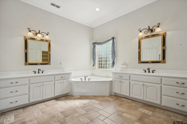 full bath with two vanities, stone tile flooring, a sink, and visible vents