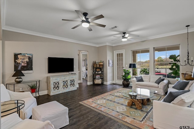 living room with ceiling fan, ornamental molding, and dark wood-type flooring