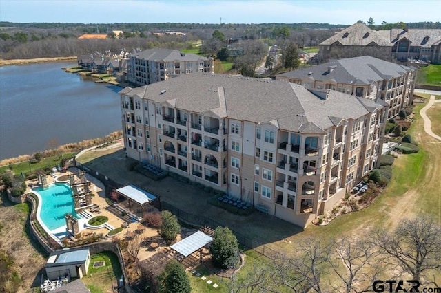 drone / aerial view with a water view