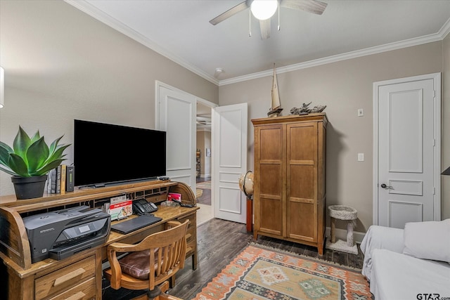 home office with ceiling fan, crown molding, and dark wood-type flooring