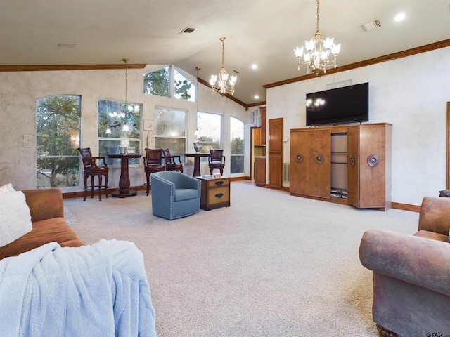 carpeted living room featuring ornamental molding, vaulted ceiling, and an inviting chandelier