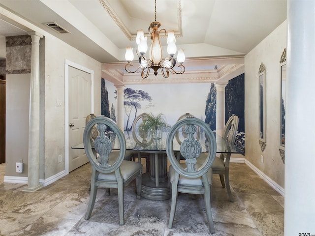 dining area with a chandelier, ornate columns, and lofted ceiling