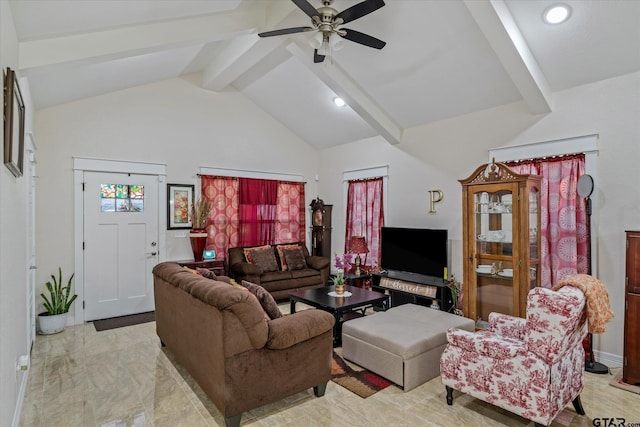 living room featuring ceiling fan and vaulted ceiling with beams