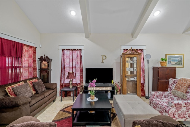 living room with light carpet and vaulted ceiling with beams