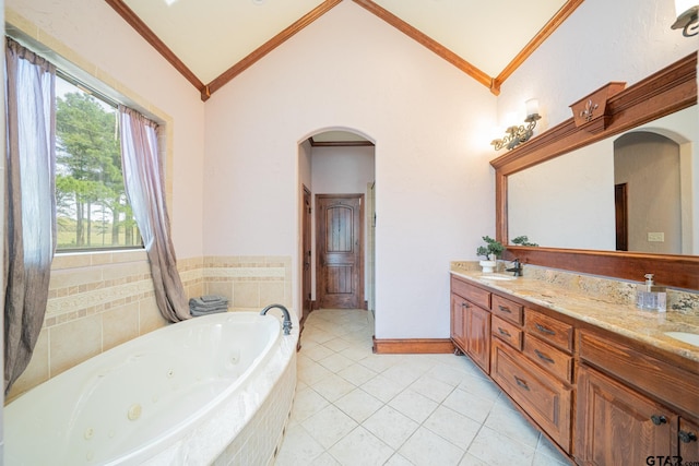 full bathroom with crown molding, double vanity, and vaulted ceiling