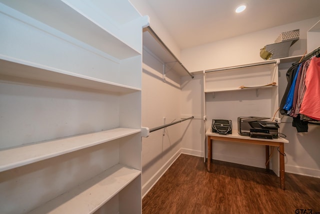 walk in closet featuring dark wood-type flooring