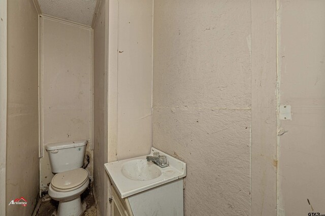 bathroom with vanity, a textured ceiling, and toilet